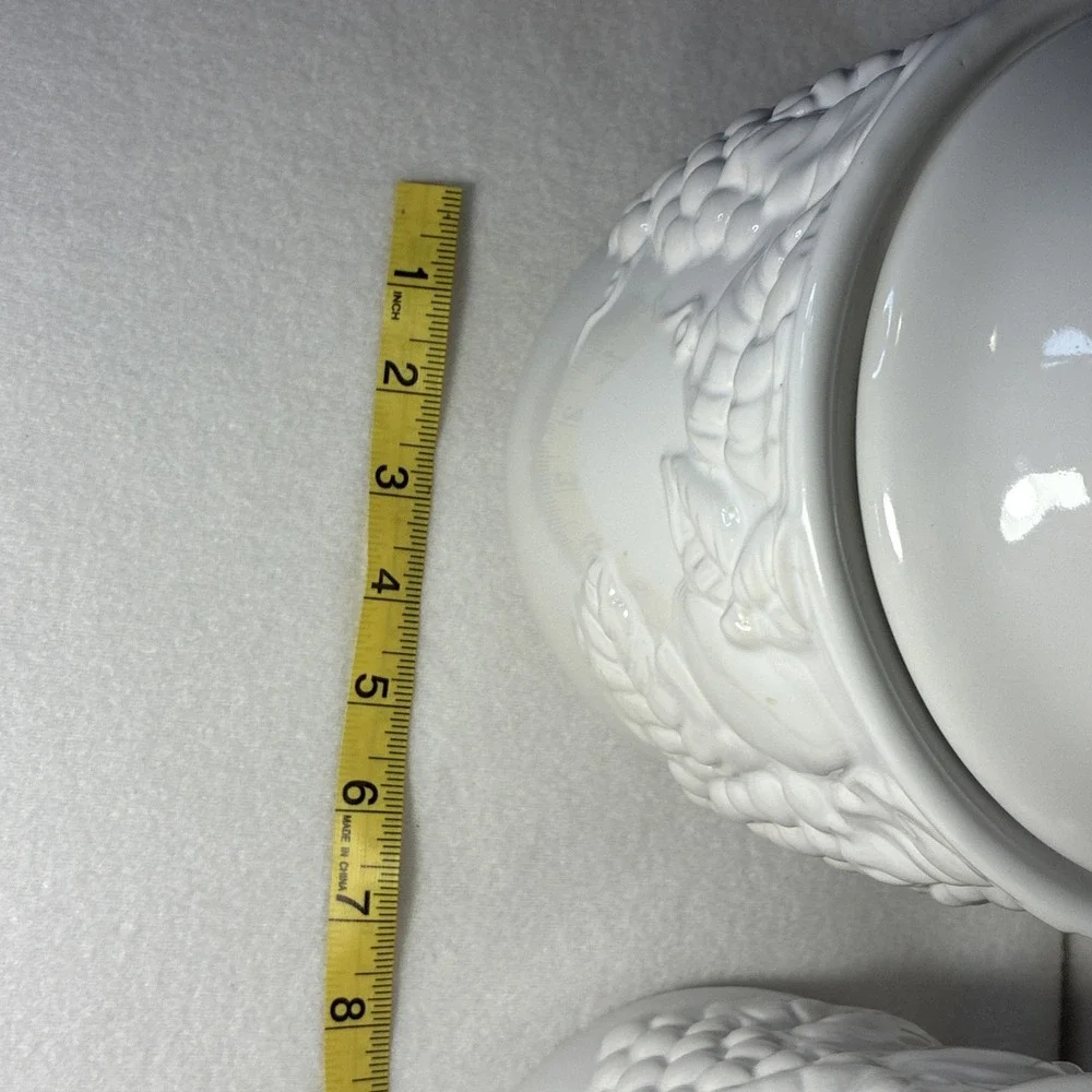 Set of  4 Vintage White Lidded Ceramic Canisters,  Grapevine and Strawberry Lid.